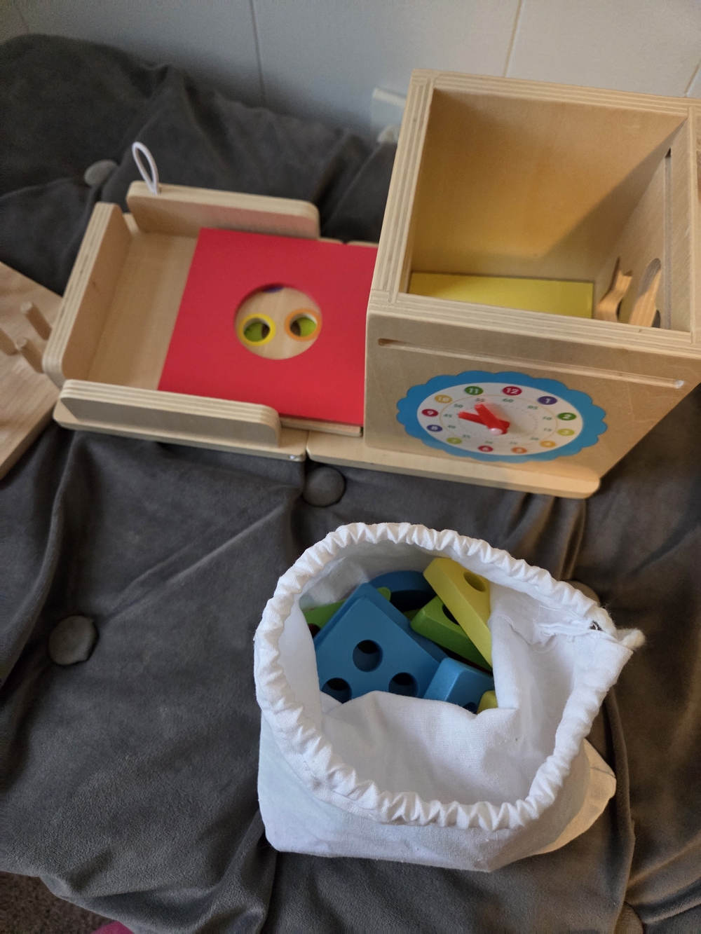 Wooden Shape Sorter Toy with Colorful Blocks - Natural Wood, Blue, Yellow, Green